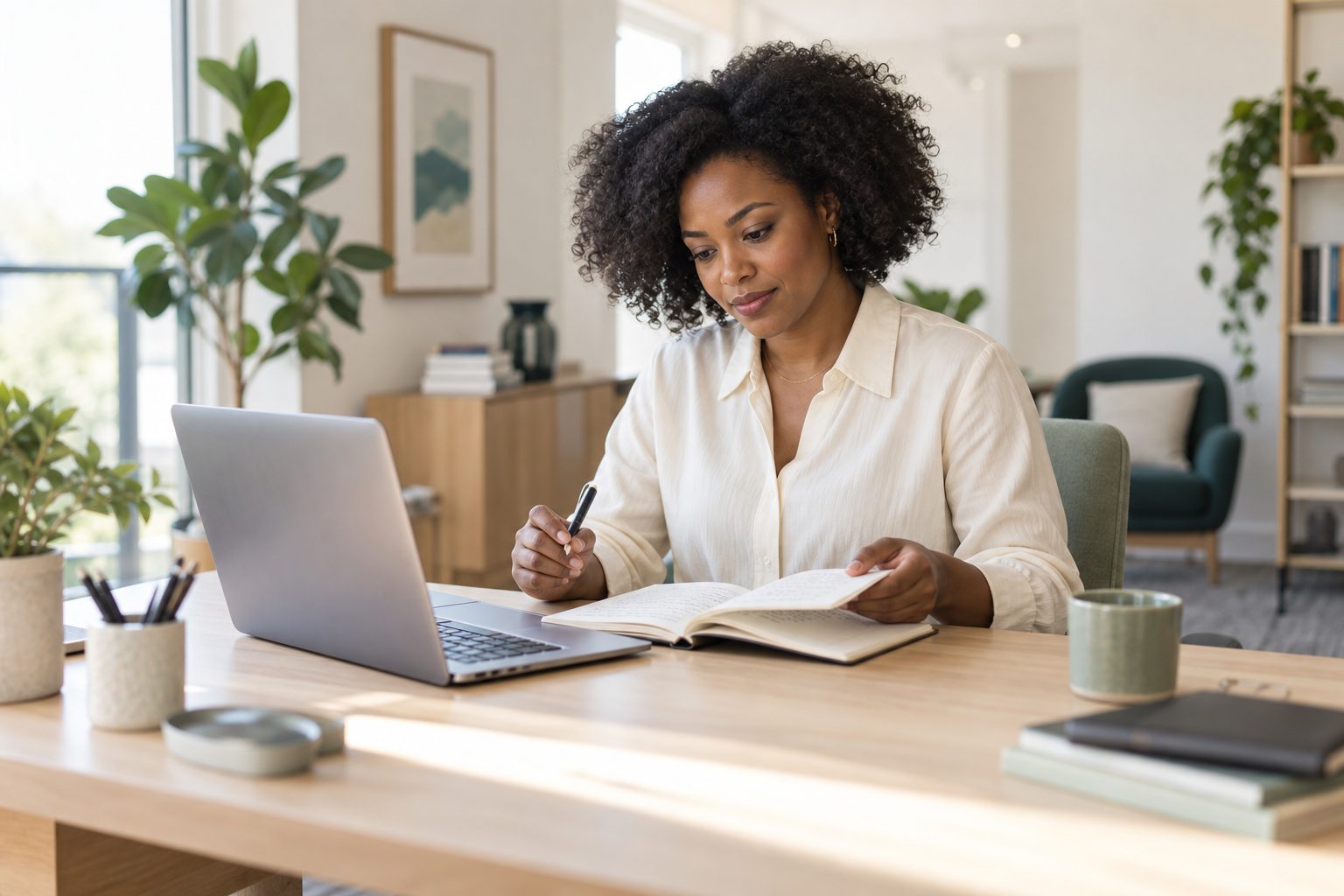A professional reviewing notes at a laptop in a bright home office